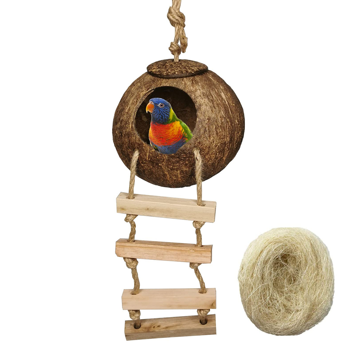 Casa Colgante para Aves con Escalera – Nido de Fibra de Coco Natural