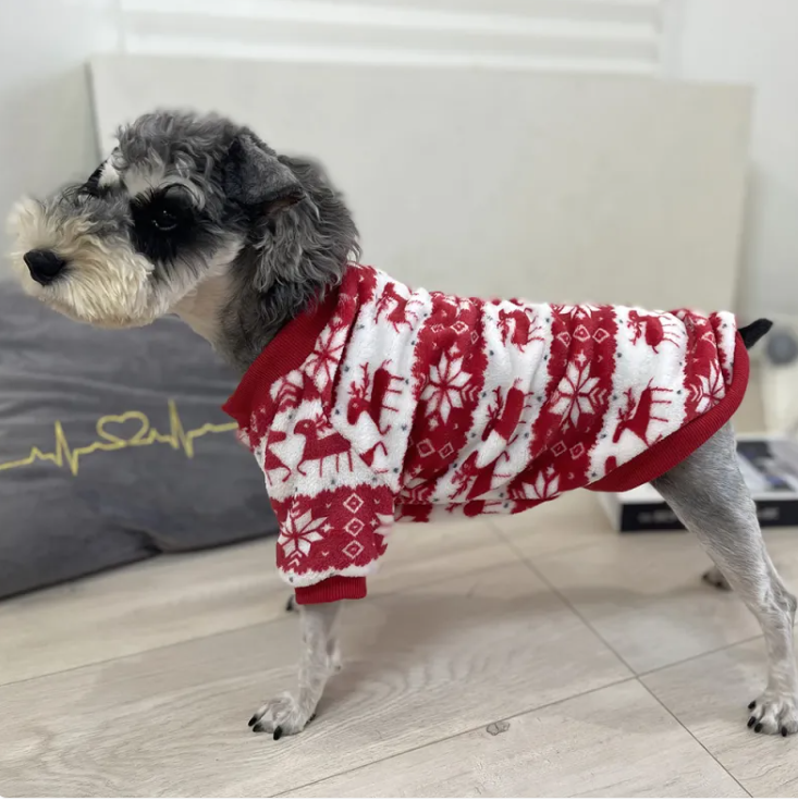 Suéter Navideño para Perros y Gatos Pequeños – Jersey Rojo con Renos y Copos de Nieve