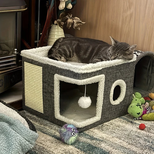 4-Season Multi-Level Cat House - Indoor  Foldable Design, Scratching Board & Non-Slip Base 30LB Capacity, Warm Cat Bed Cat Cave - Pawsyhome